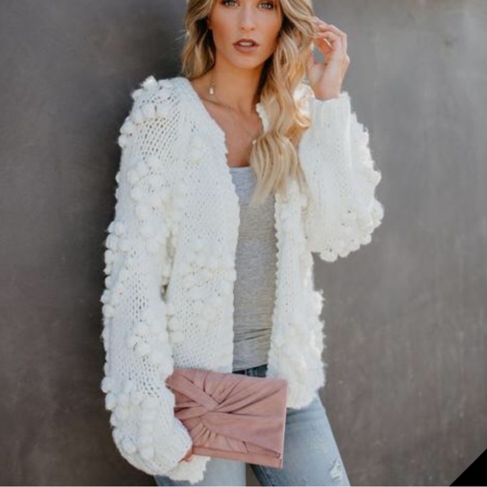Vici Heart Warming Hand Knit Pom Pom Bobble Sweater Cardigan White Size S